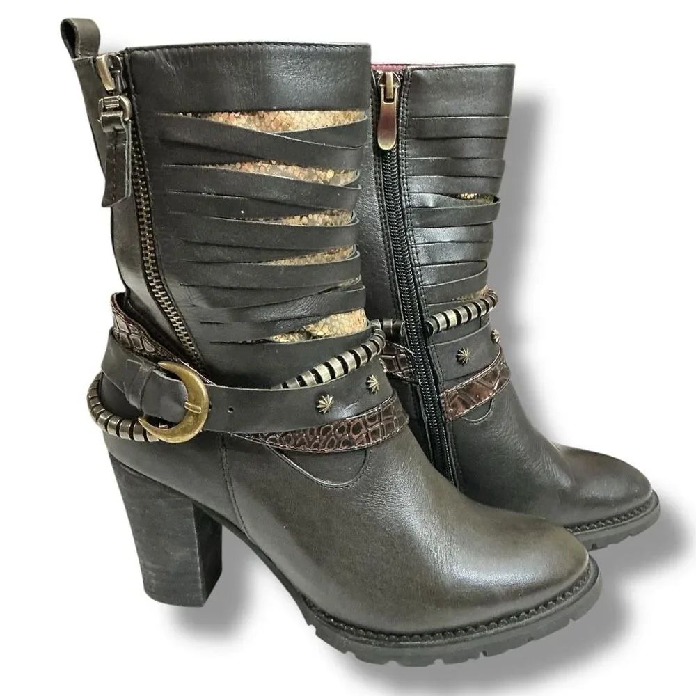 L'Artiste By Spring Step Makos Black and Snakeskin Heeled Boots Booties